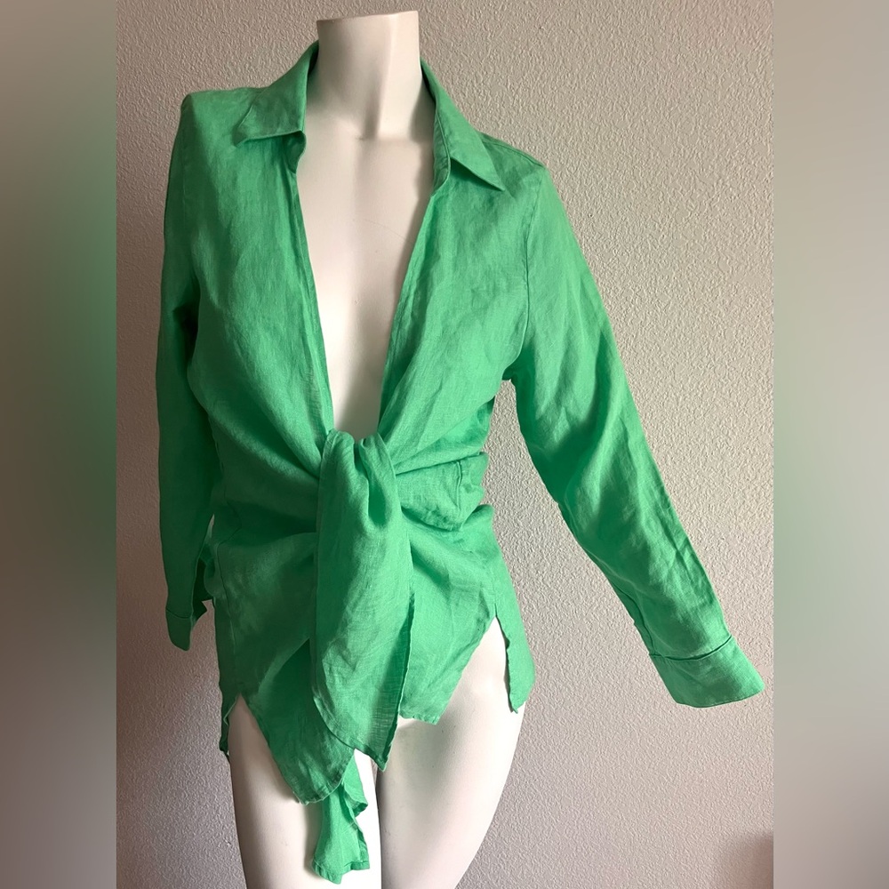 PQ Swim 100% Linen Tie Front Cover Up Shirt Kelly Green Resort Tunic Colombia